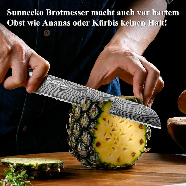 Sunnecko Brotmesser mit Wellenschliff - Brötchenmesser Brotschneidemesser aus Edelstahl, 20cm Klinge