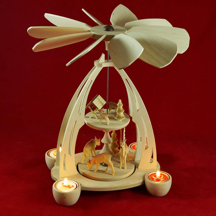 Wichtelstube-Kollektion XL Weihnachtspyramide f. Teelichter 35cm Rehe Futterkrippe Erzgebirge Buchen