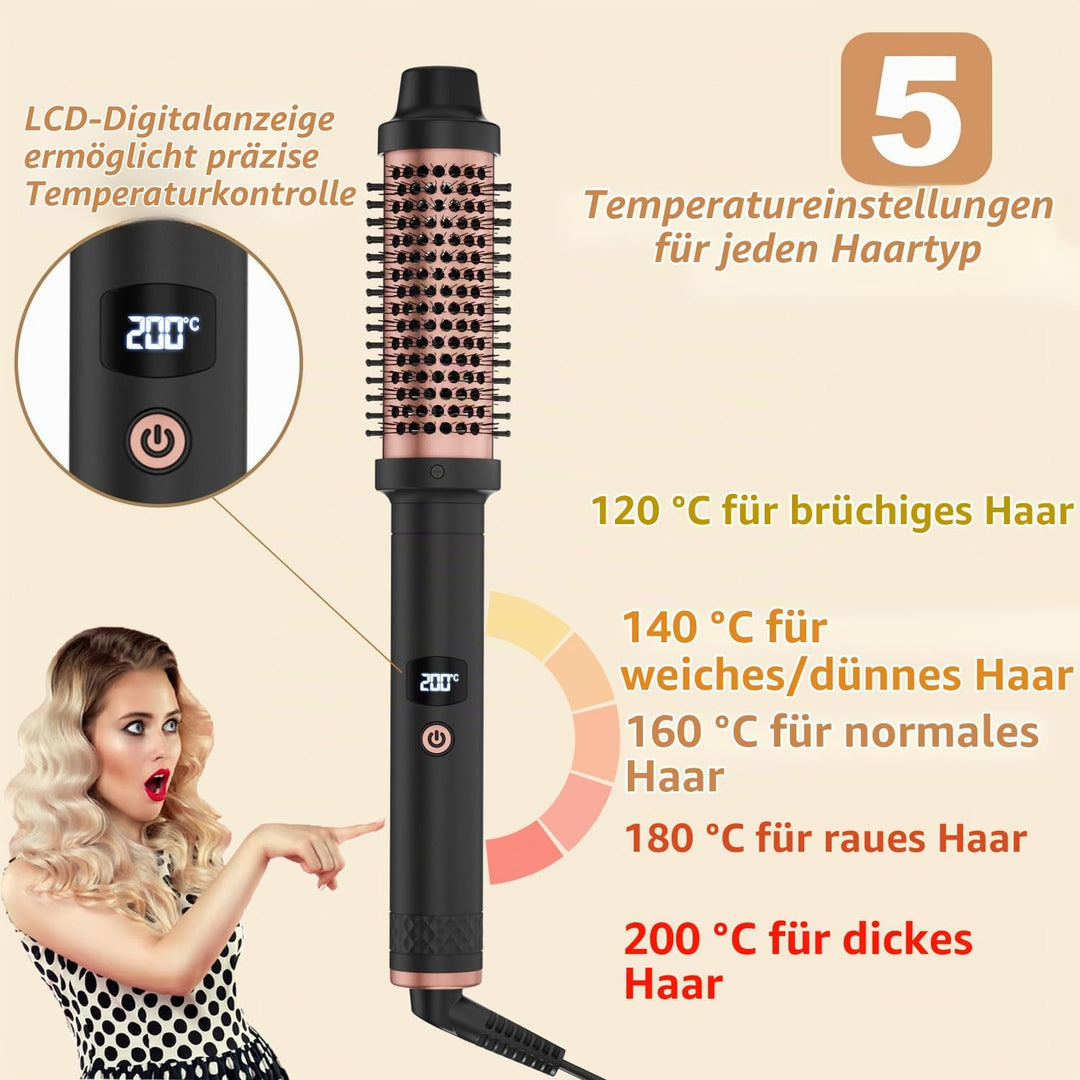 Thermal Brush 38mm, Wärmebürste mit 120–200°C LCD Thermobürste | für Wurzelvolumen und Lockere Locke