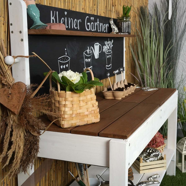 Meppi Matschküche Kleiner Gärtner aus Holz - Outdoorküche für Kinder mit Matschwannen - Pflanztisch