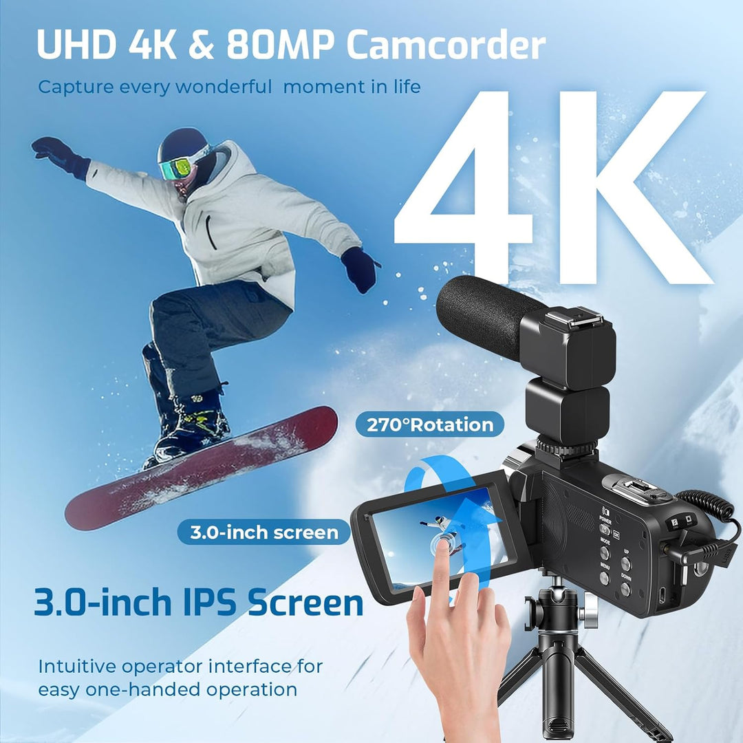 Videokamera 4K Camcorder 80MP 18X Digitalzoom IR Nachtsicht Vlogging Camera | 4K UHD & 80MP Fotos, 3