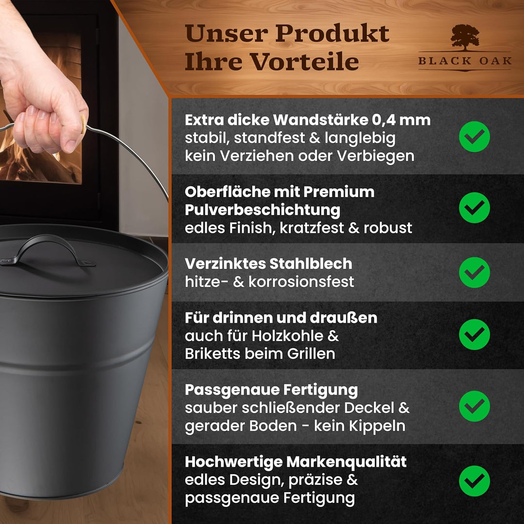 BLACK OAK Ascheeimer FOGO 10L - schwarz mit Deckel mit Metallgriff + Feger + Schaufel & Handschuhen