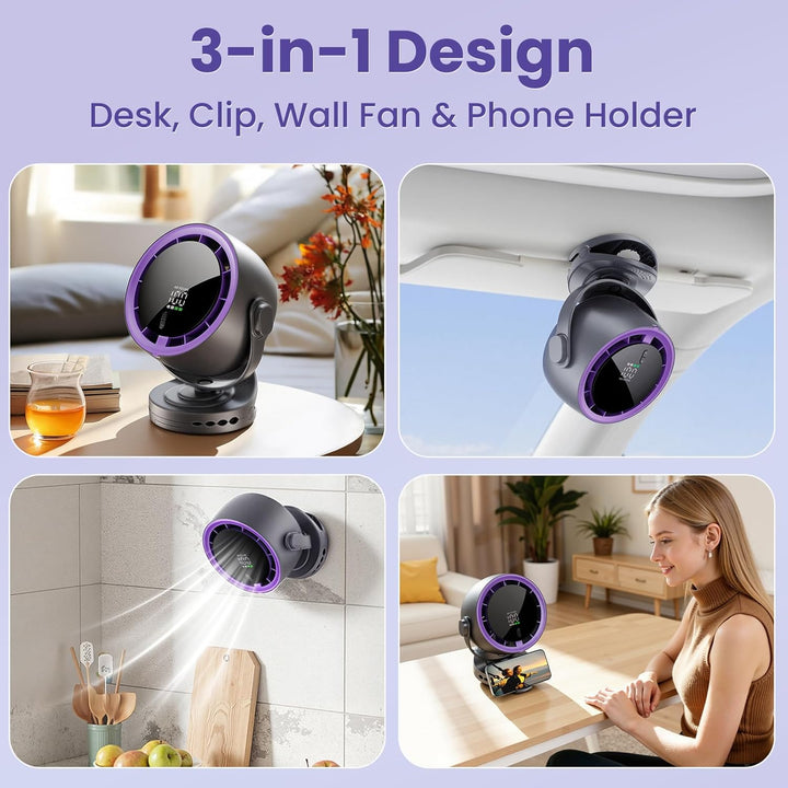 Ventilator Klein, 5000mAh USB Ventilator Akku mit Fernbedienung, 3-in-1 Design (Tisch/Clip/Wandmonta