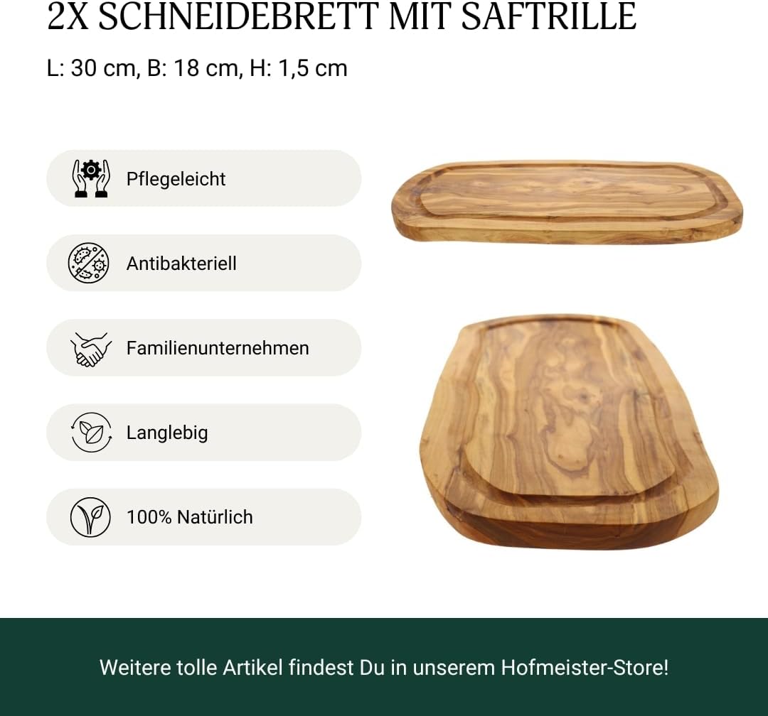 2x HOFMEISTER® Schneidebrett Saftrille Olivenholz - praktisches Set aus zwei Brettern aus Olive mit