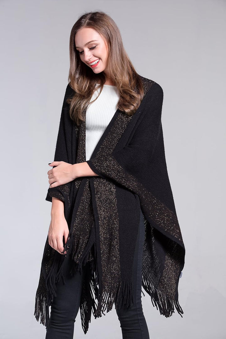 ZLYC Damen Weiche Schlichte Poncho Capes Retro Cardigans Pullover Schwarz, Schwarz
