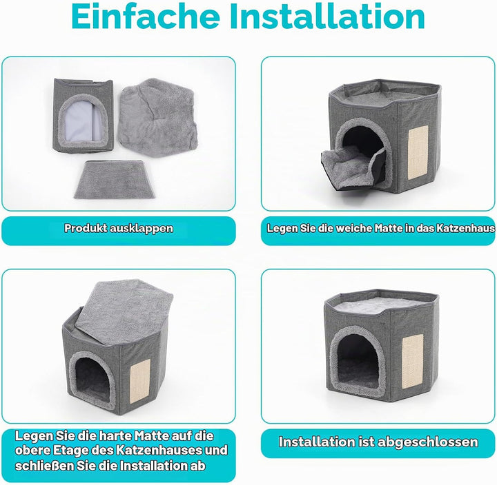 Faltbares Katzenhaus Indoor grosse Katzen mit 2 abnehmbaren Kissen und Kratzbrett Katzenhaus Höhle f