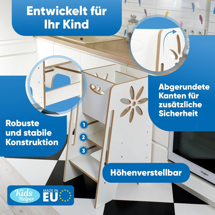 Kitchen Kids Helper Lernturm ab 1 Jahr - Höhenverstellbarer Lernturm Montessori Weiss 80cm - Sichere