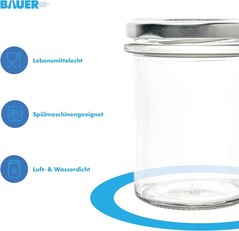 flaschenbauer.de 24er Set Sturzgläser 214 ml inkl. silberne Twist Off Deckel TO66 zum Einmachen von