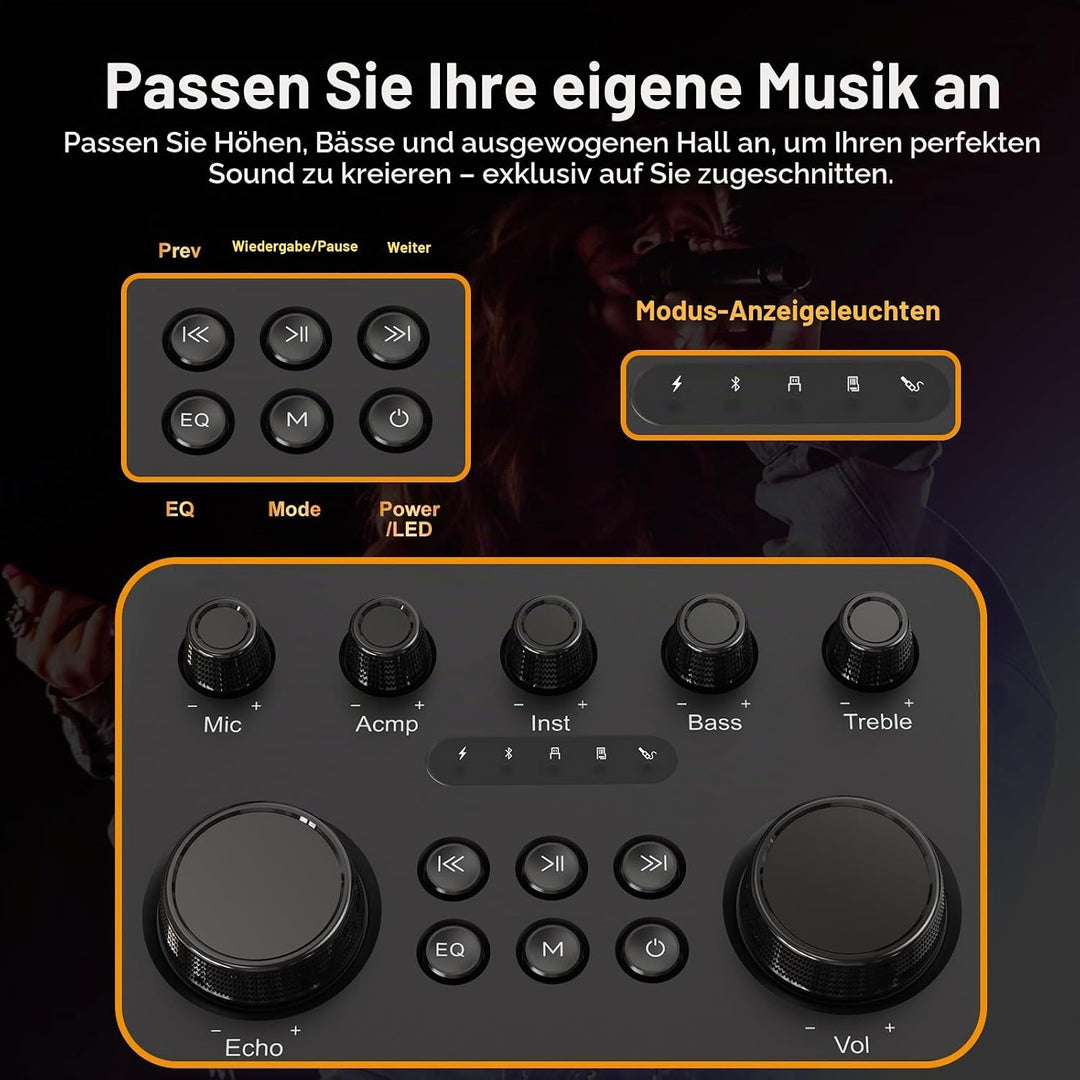 Tragbarer Bluetooth-Karaoke-Lautsprecher mit 2 kabellosen Mikrofonen, RGB-Beleuchtung, Höhen- und Ba