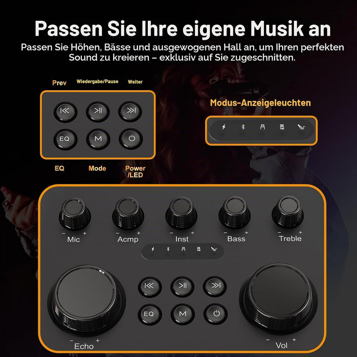 Tragbarer Bluetooth-Karaoke-Lautsprecher mit 2 kabellosen Mikrofonen, RGB-Beleuchtung, Höhen- und Ba