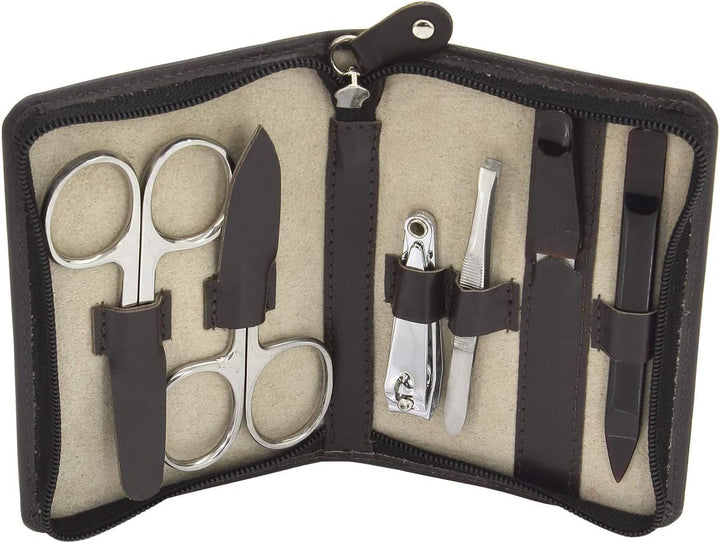 Friedrich|23, Maniküre-Set, 8 x 12 x 2 cm, 6-teilig, Leder, Etui mit Reissverschluss, Dunkelbraun, 7