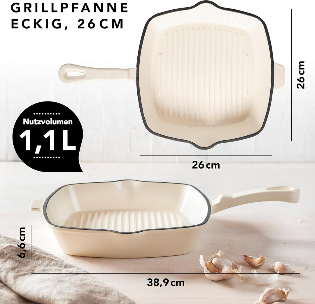 Römertopf Gusseisen Grillpfanne eckig 24 cm – Steakpfanne Emaille-Beschichtung, alle Herdarten inkl.