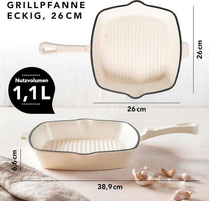 Römertopf Gusseisen Grillpfanne eckig 24 cm – Steakpfanne Emaille-Beschichtung, alle Herdarten inkl.