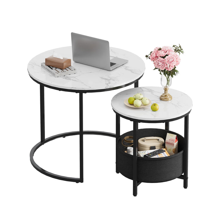 WLIVE Runder Couchtisch Weiss, Wohnzimmer Tisch für Couch mit Stauraum, Beistelltisch mit Metallrahm