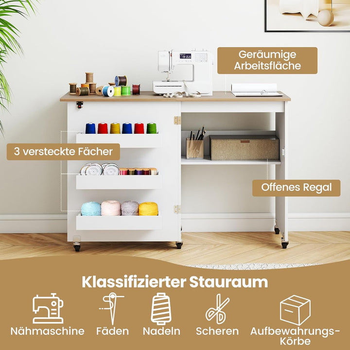 COSTWAY 2 in 1 Nähtisch klappbar, Nähmaschinenschrank aus Holz mit Regalen & Ablagefach, Nähschrank