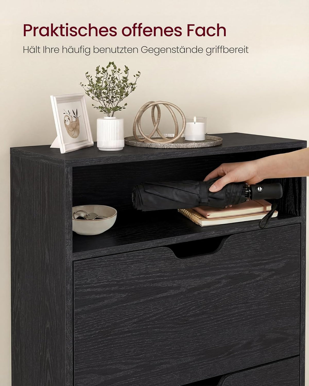 VASAGLE Schuhschrank 3 Klappen, Schuhkipper, Schuhregal, Schuhaufbewahrung, offenes Fach, Trennwand