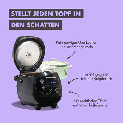 Digitaler Reishunger Mini Reiskocher und Dampfgarer in Schwarz - Warmhaltefunktion, Timer & Premium