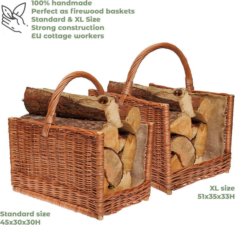 BOGATECO Weidenkorb mit quadratischem Griff | Grosser Kaminkorb 51X35X33 | Handgewebt | Mit Jute aus
