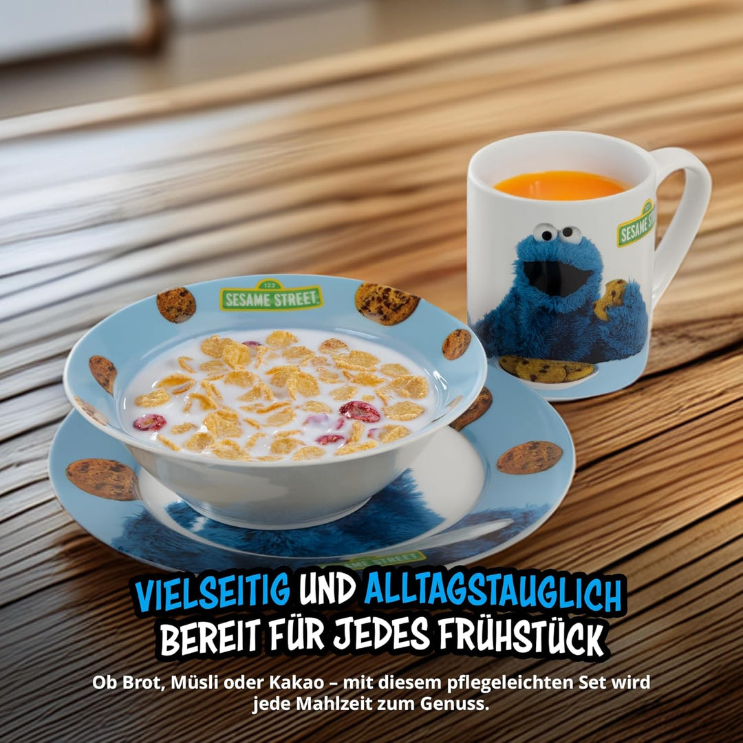 United Labels Krümelmonster Frühstücksset Kinder, mit Krümelmonster und Keksen, Geschirr Set Porzell