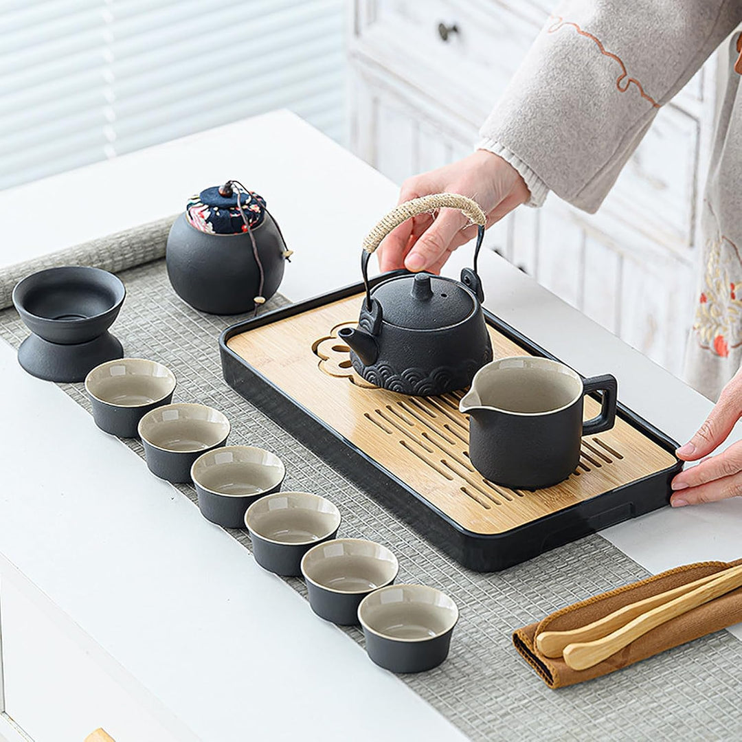 Tee-Set 14-teilig, Keramik schwarz, mit Kanne, 6 Tassen und Tablett | Japanisches Kung-Fu-Design. Tr