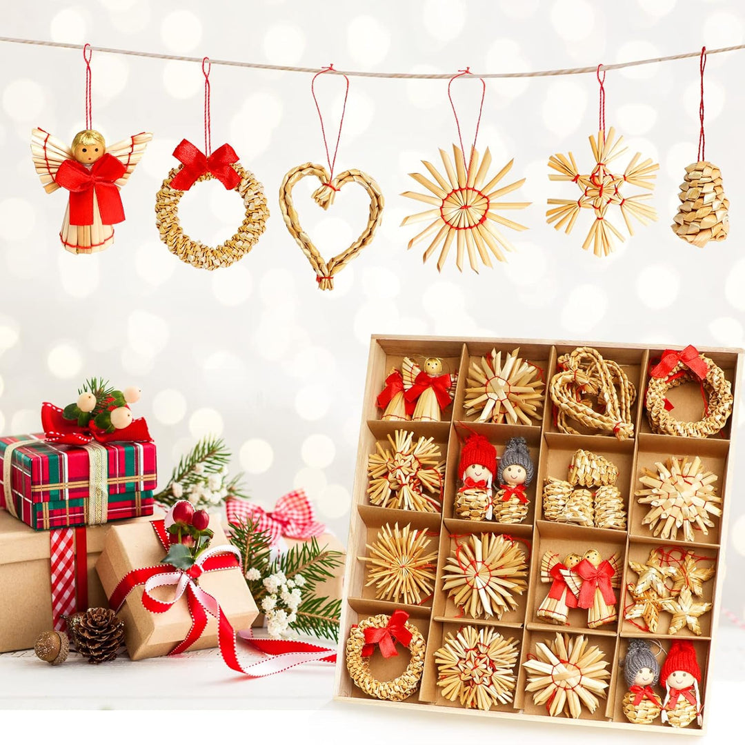 Strohsterne Weihnachtsbaum, 52 Stück Weihnachtlicher Baumschmuck Stroh Anhänger Strohstern, Christba