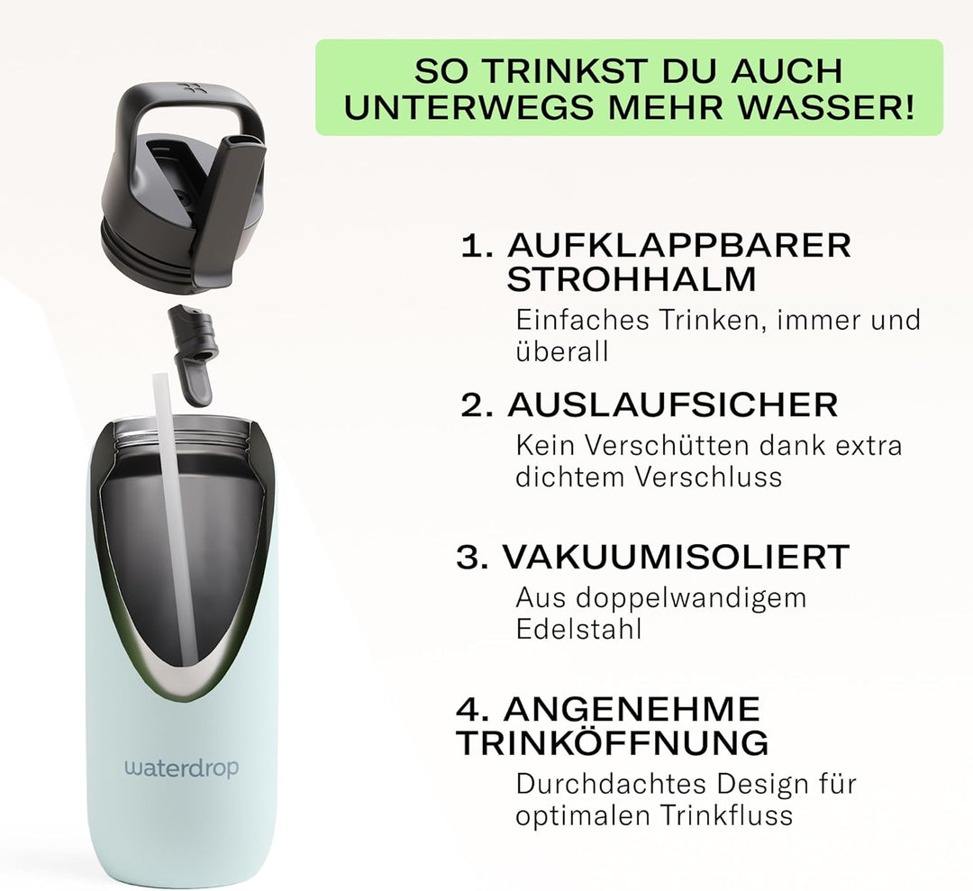 waterdrop® All Purpose Thermosflasche 600ml – Trinkflasche mit Strohhalm – isolierte Edelstahl, 24h
