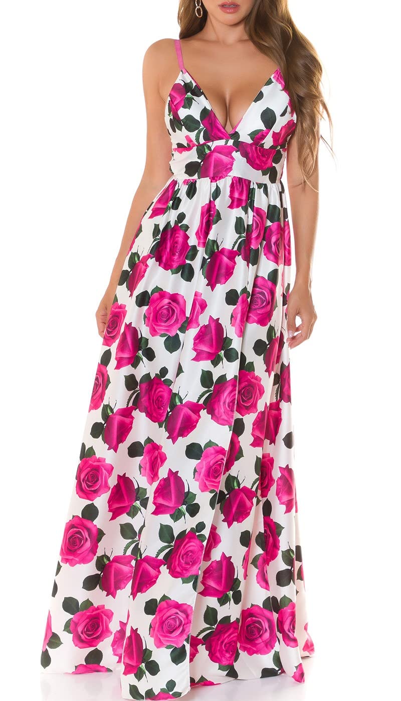 Summer V-Neck Träger Maxi Kleid mit Flower Print und XL-Beinschlitz One Size (Einheitsgrösse)