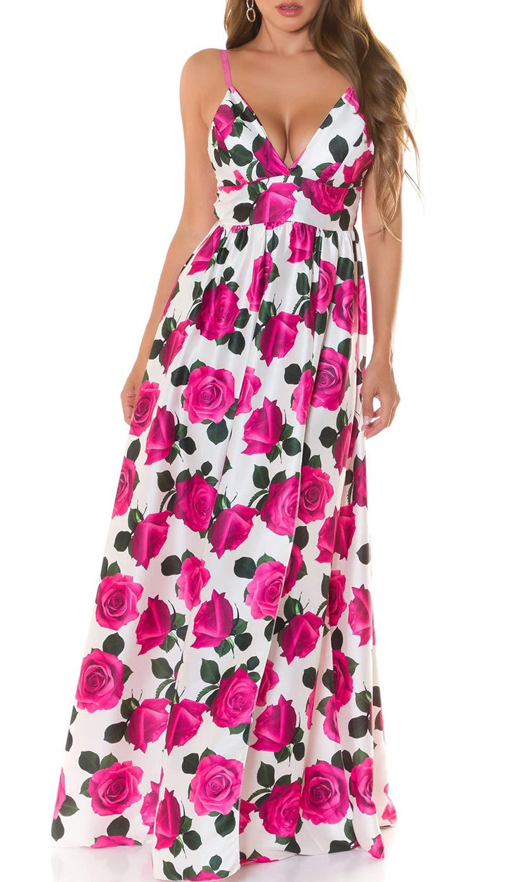 Summer V-Neck Träger Maxi Kleid mit Flower Print und XL-Beinschlitz One Size (Einheitsgrösse)