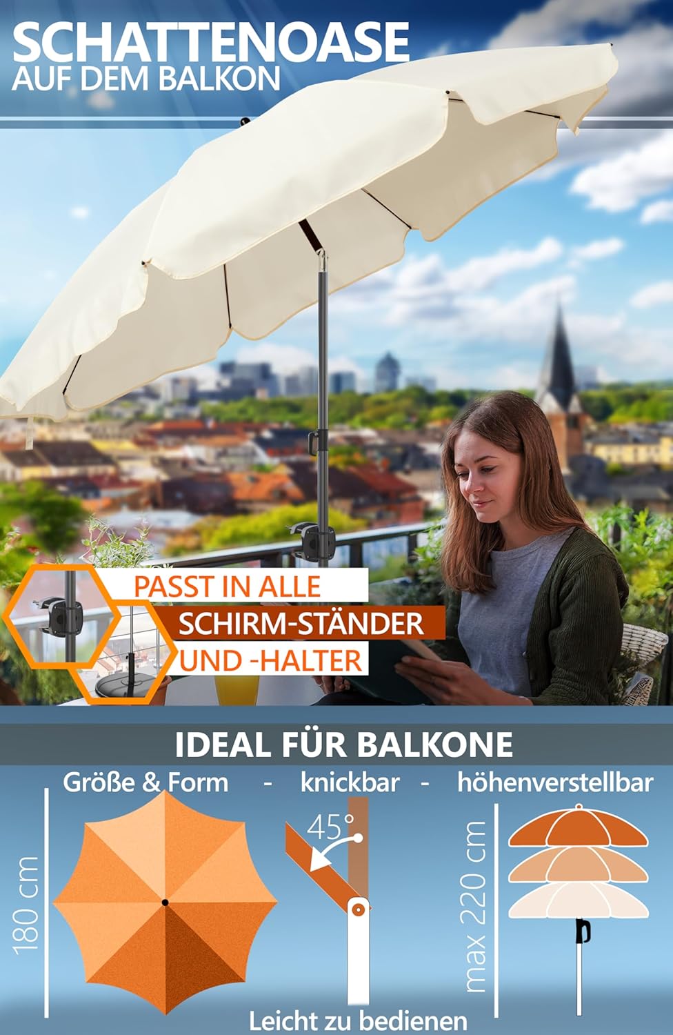 4smile Sonnenschirm Balkon Ø 180cm, Beige - Sonnenschirm Strand mit Hülle - Balkonschirm mit Knickfu