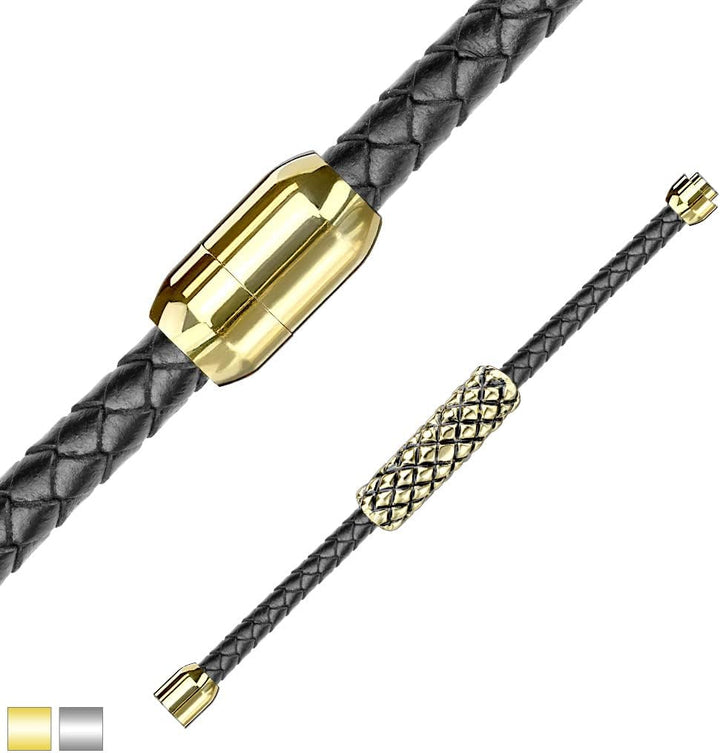 Bungsa Schwarzes Lederarmband mit Edelstahl-Röhre im Rauten-Design und Magnetverschluss