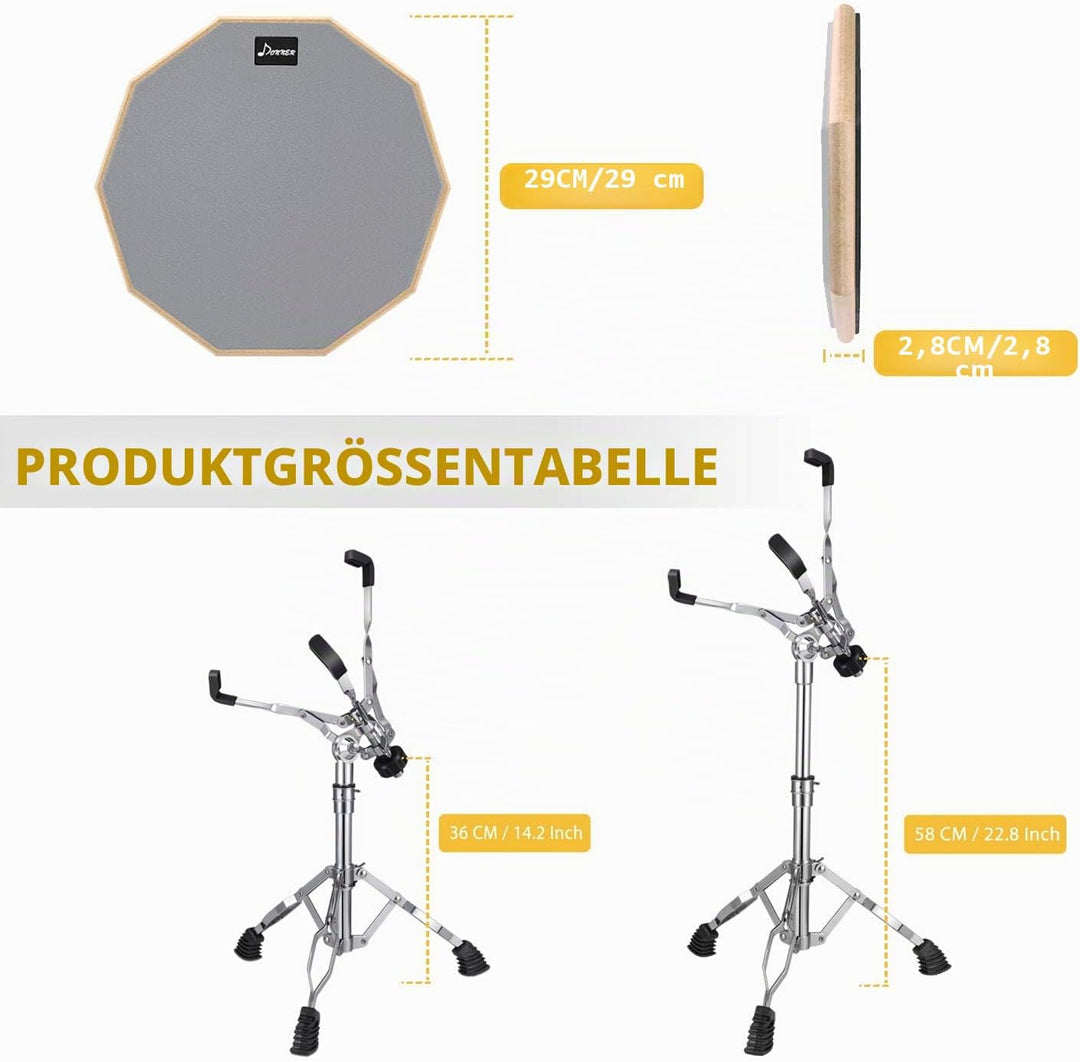 Donner Drum Practice Pad mit Snare Drum Ständer Kit, 3 Paar Drumsticks mit Tasche, Drum Gele silber,