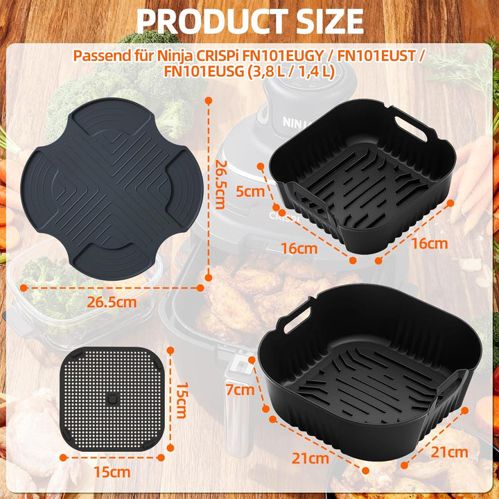 Airfryer Zubehör für Ninja CRISPi FN101EU, 2 Stück Silikonform mit Spritzschutz & Silikonmatten, Hei