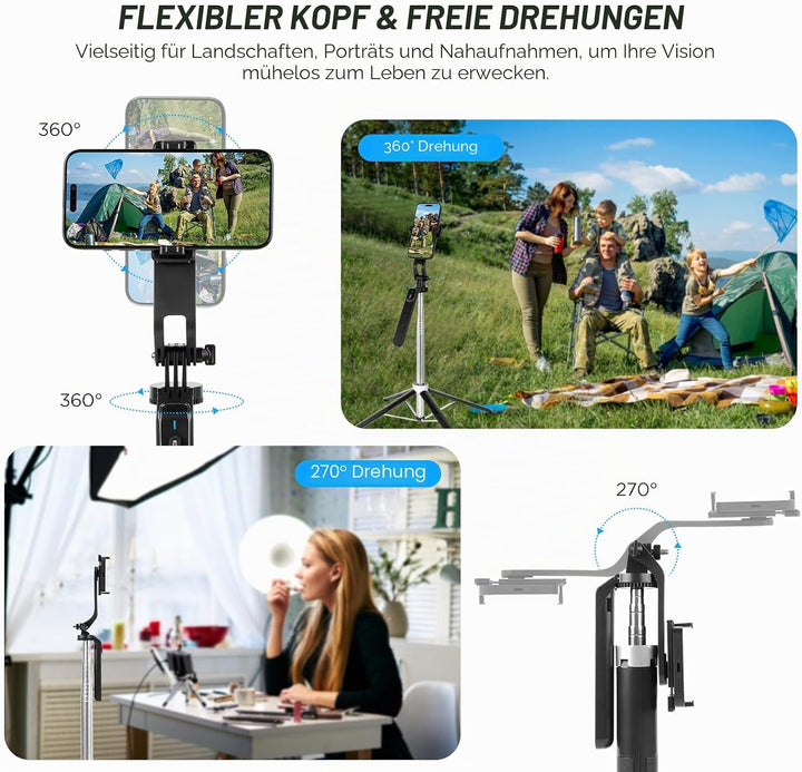 180cm Handy Stativ, Romon Selfie Stick Quad-Stativ, 360° Drehung Aluminium ausziehbarer Handy-Stativ