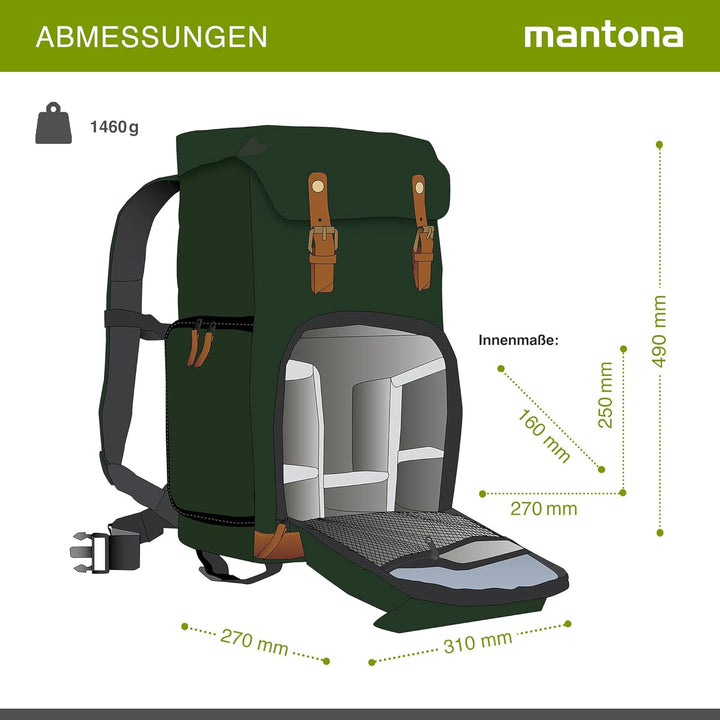 Mantona 21343 Luis Retro Fotorucksack (mit Echtleder-Applikationen, inkl. Regenschutzhülle, flexible
