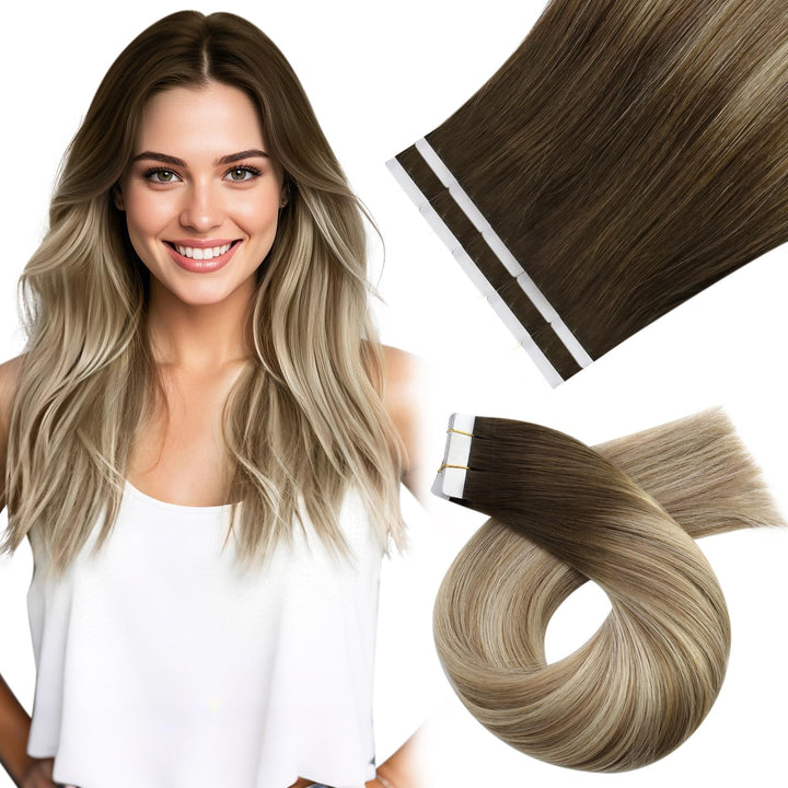 Moresoo Echthaar Extensions Tape in Blonde Haarextension Echthaar Tape Dunkelbraun bis Mittelblond m