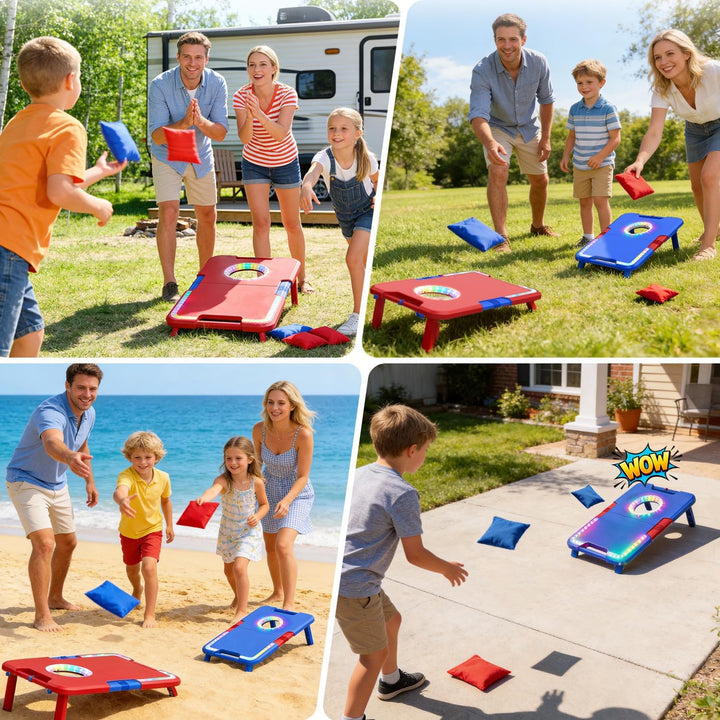 Leuchtendes Cornhole-Spielset mit Sound, 2 klappbare Boards & 8 Wurfsäcke, Sitzsack-Wurfspielzeug, t