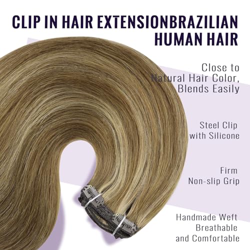 Fshine Clip In Haarverlängerungen Echtes Menschenhaar Mittelbraun und Karamellblond Highlights Clip