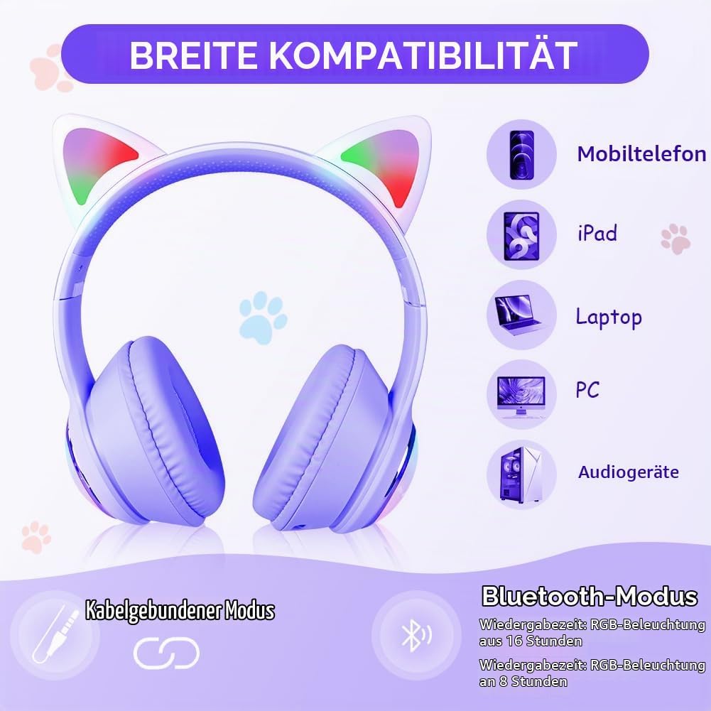 AXFEE Kinder-Kopfhörer, 5.3 Bluetooth Over-Ear mit LED-Leuchten, Lautstärke Begrenzt 105 dB, Stereo