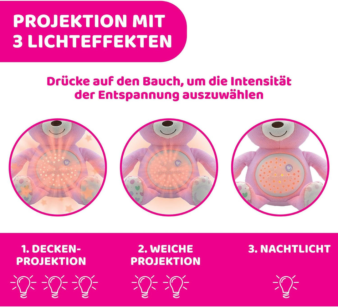 Chicco First Dreams Baby Bär Plüsch-Teddybär, weicher Projektor mit Nachtlicht, Lichteffekten und en