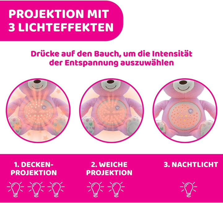 Chicco First Dreams Baby Bär Plüsch-Teddybär, weicher Projektor mit Nachtlicht, Lichteffekten und en