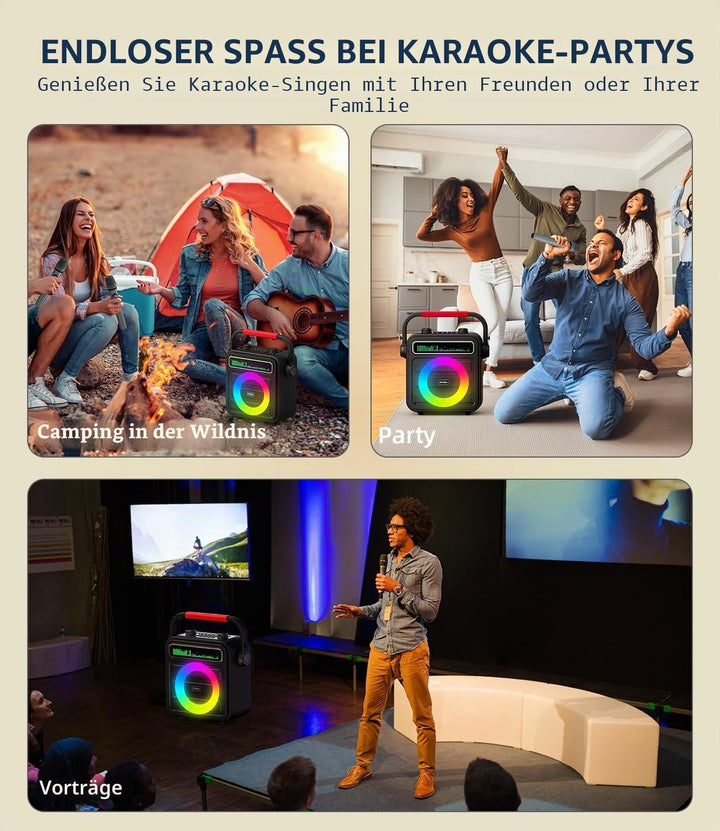 Karaoke Maschine für Erwachsene – Tragbare Anlage mit 2 Mikrofonen, Bluetooth/TF/USB/AUX/TWS, Lautsp