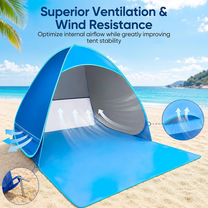 Strandmuschel Pop Up 3-4 Personen, 1 Sekunde Automatisches Wurfzelt Strandzelt mit 46cm Verlängerung