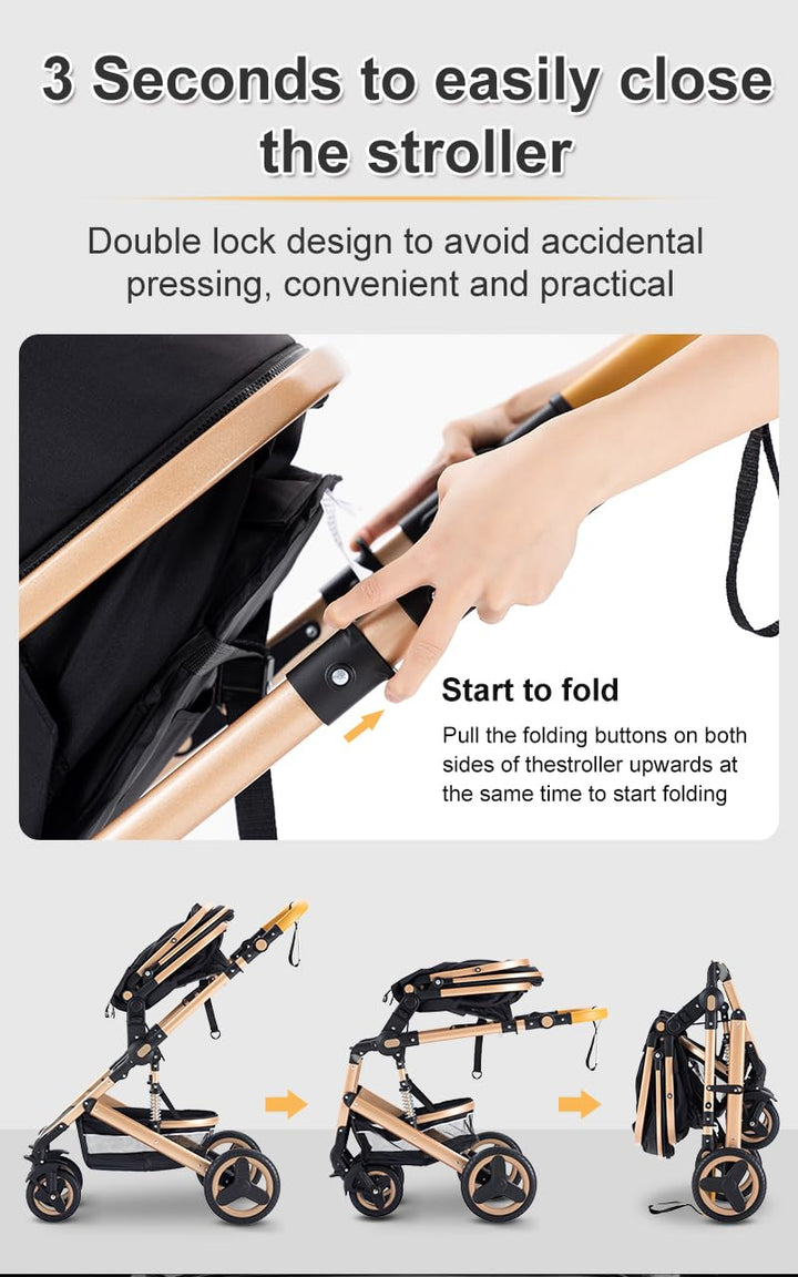 GLOKID Kinderwagen 3 in 1,Reisesysteme, Babywanne Buggy,Voll-Gummireifen,Mit Einem Klick Zusammenkla