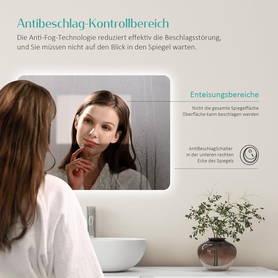 EMKE Badspiegel mit Beleuchtung 40x60cm, Badezimmerspiegel mit Beschlagfrei, 2 Lichtfarbe Warmweiss/