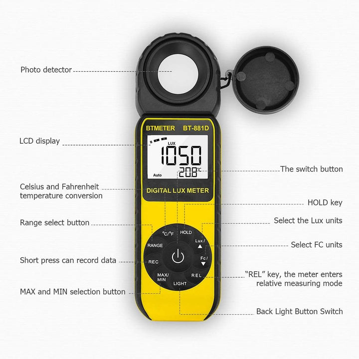 BTMETER BT-881D Digital Illuminance Light Meter, Measure Lights 0.01~400,000 Lux (0.01~40,000 FC) Fo