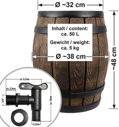 REGENTONNE REGENFASS WASSERFASS REGENWASSERBEHÄLTER REGENWASSERFASS GARTENFASS Eichenfass 50l Liter