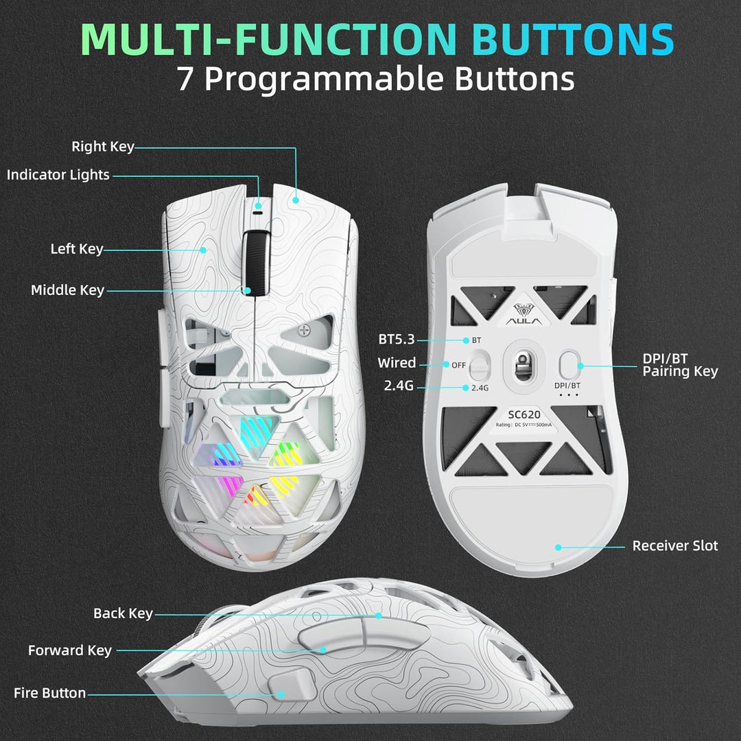AULA SC620 Kabellose Gaming Maus,BT5.0/2.4G/USB-C,mit PixArt PAW3311-Sensor,12000DPI,8KHz,Feuertaste