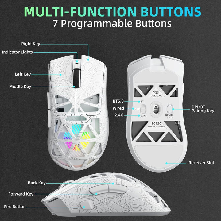 AULA SC620 Kabellose Gaming Maus,BT5.0/2.4G/USB-C,mit PixArt PAW3311-Sensor,12000DPI,8KHz,Feuertaste
