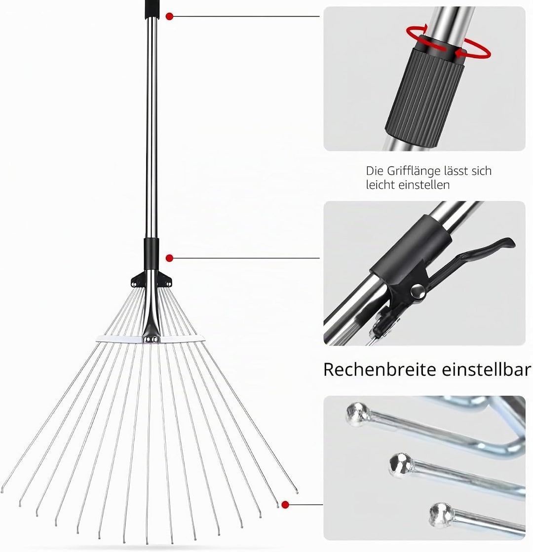 Laubrechen,Gartenrechen mit,Laubrechen mit Teleskopstiel,Langer Griff 85–175 cm mit erweiterbarem Ko