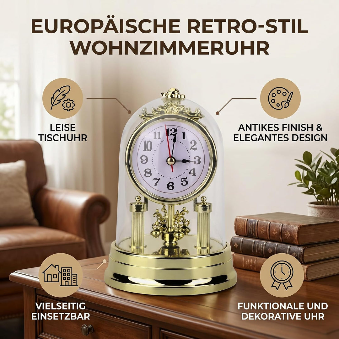 ANGGREK Retro Geräuschlose Tischuhr für Wohnzimmer im Europäischen Stil Goldene Wohndekoration Leich